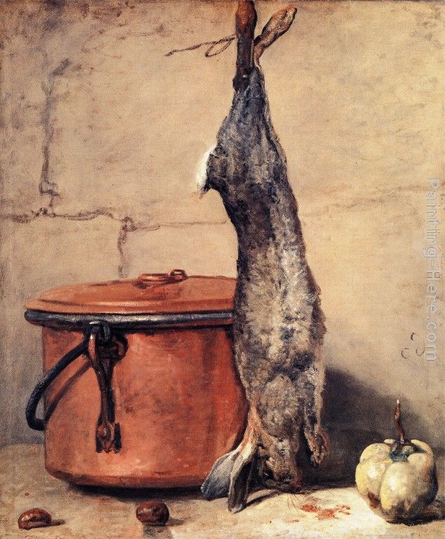 Rabbit, Copper Cauldron and Quince painting - Jean Baptiste Simeon Chardin Rabbit, Copper Cauldron and Quince art painting